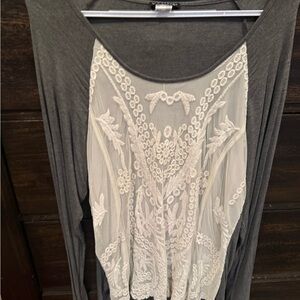 VENUS Gray Top with Cream Lace Trim